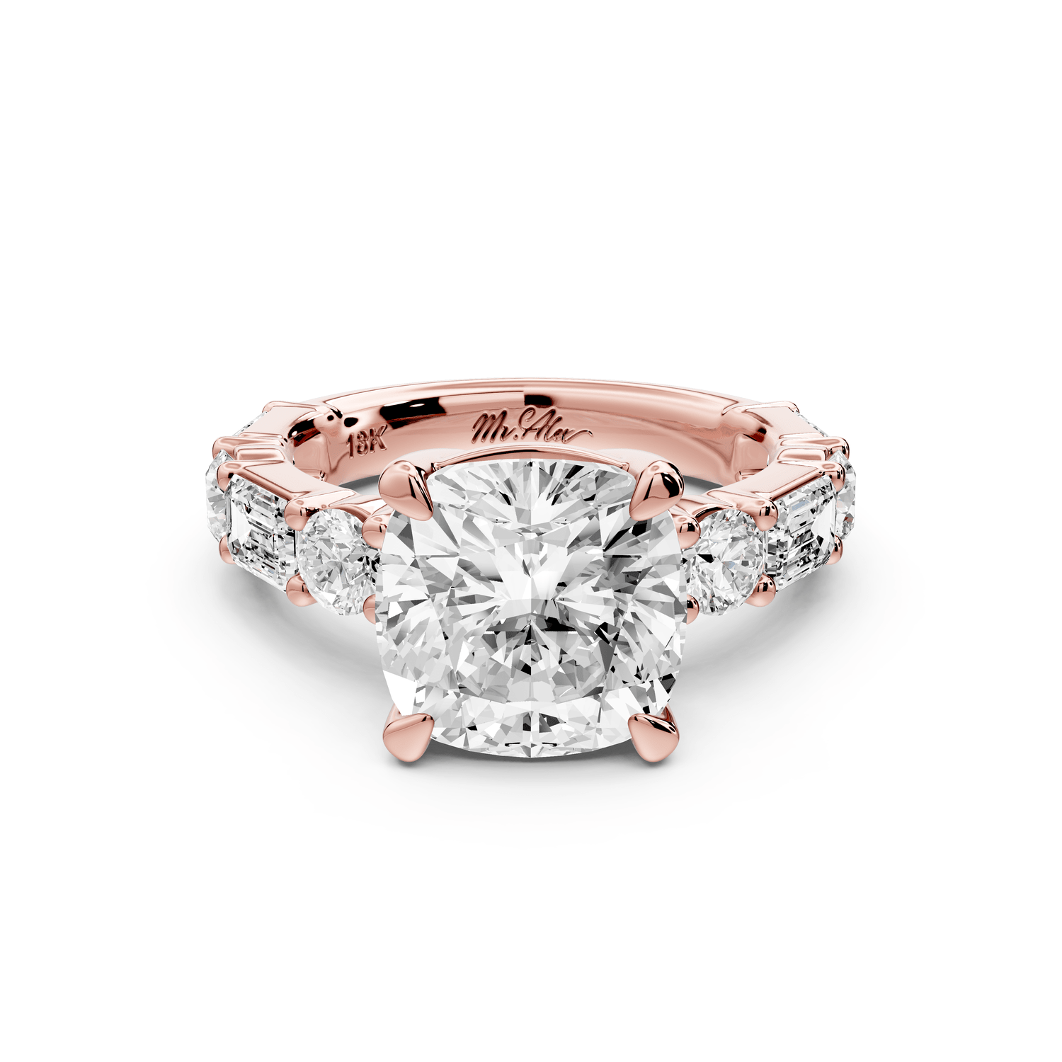 Juliette - 4ct 18k rose gold cushion with Alternating Round and Emerald 8 - Stone Band Engagement Ring - Mr. Alex Jewelry