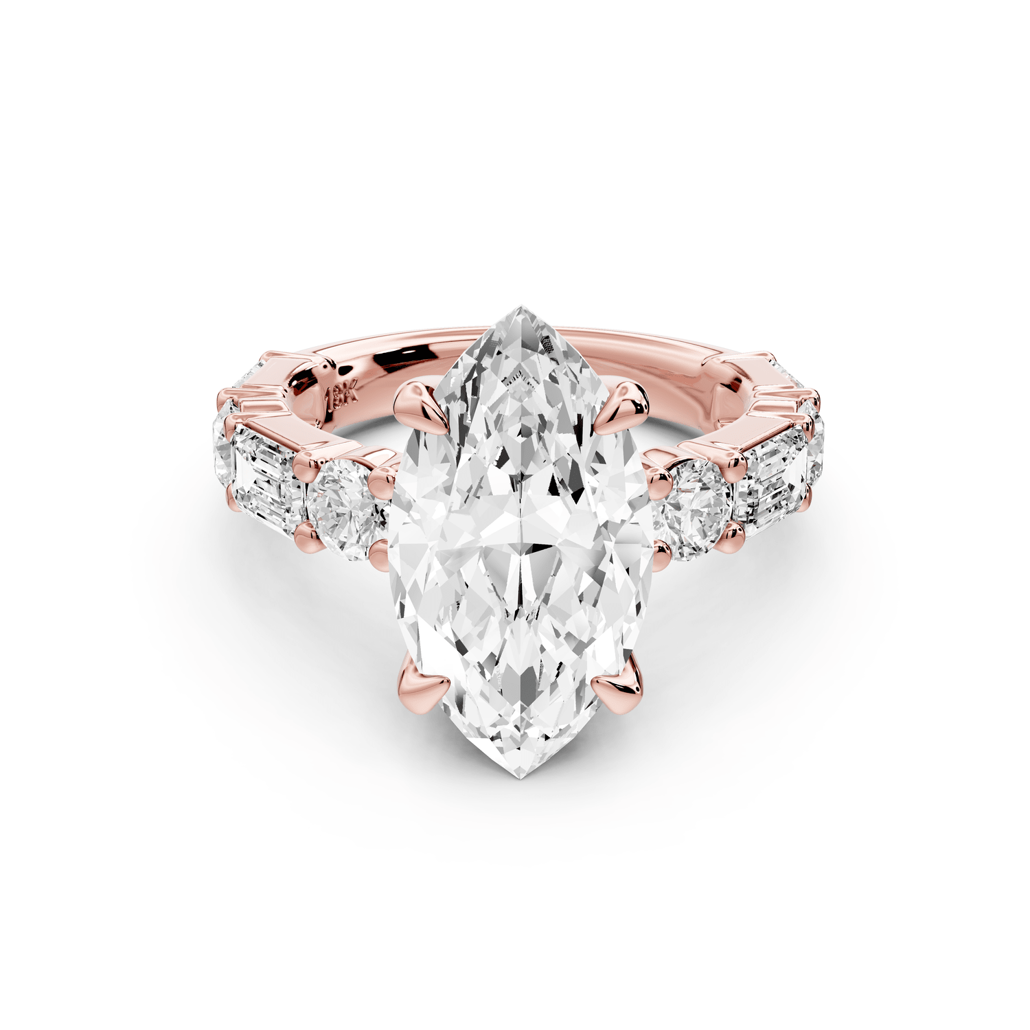 Juliette - 4ct 18k rose gold marquise with Alternating Round and Emerald 8 - Stone Band Engagement Ring - Mr. Alex Jewelry