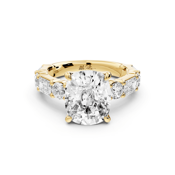 Juliette - 5ct 14k yellow gold ecushion with Alternating Round and Emerald 8 - Stone Band Engagement Ring - Mr. Alex Jewelry