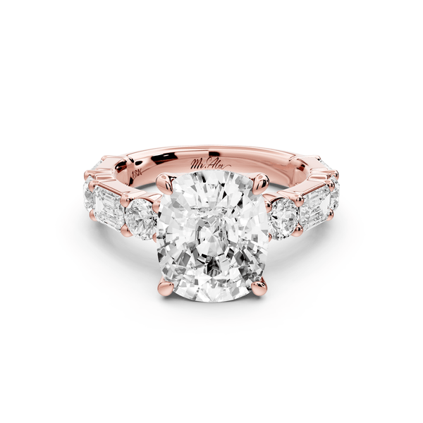 Juliette - 5ct 18k rose gold ecushion with Alternating Round and Emerald 8 - Stone Band Engagement Ring - Mr. Alex Jewelry