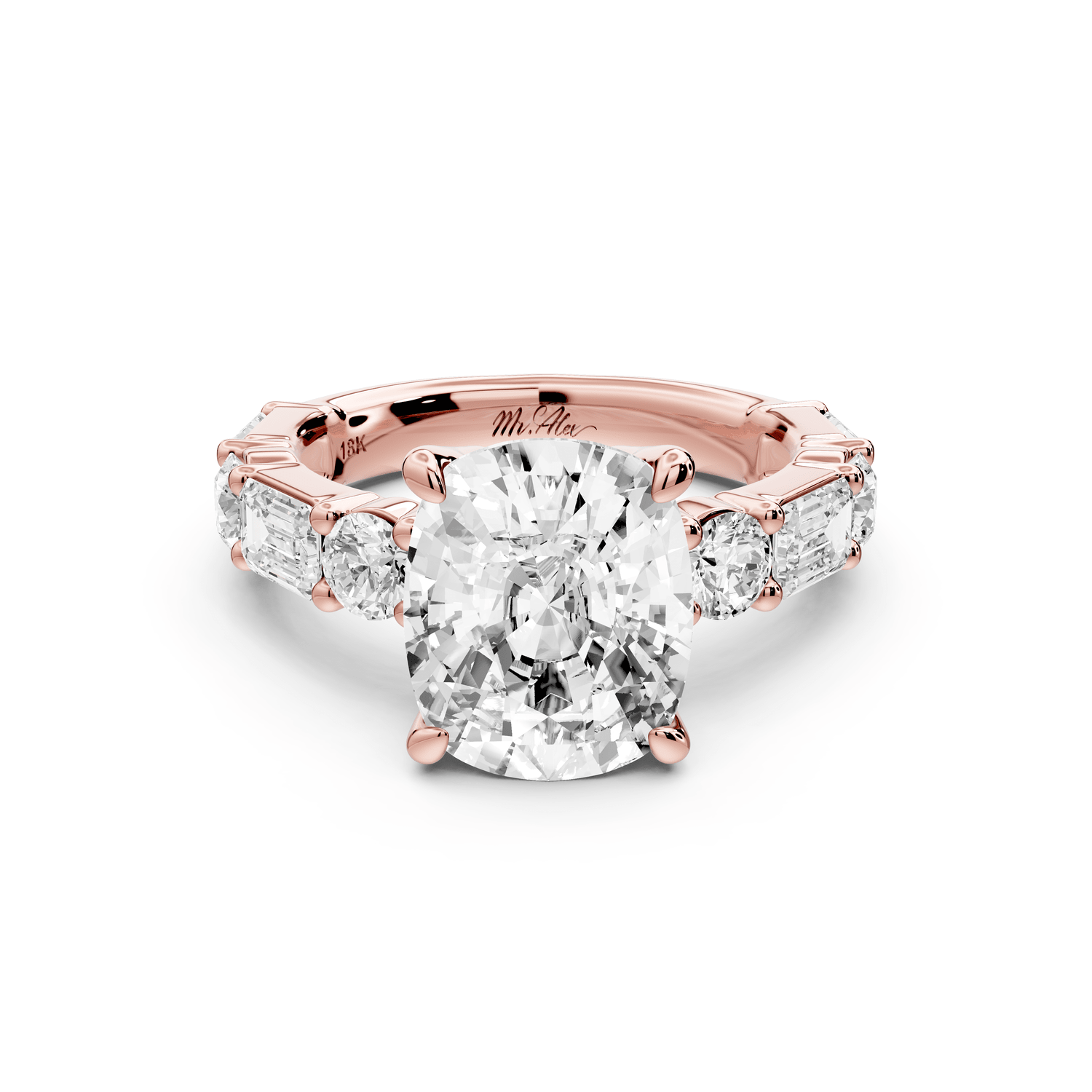 Juliette - 5ct 18k rose gold ecushion with Alternating Round and Emerald 8 - Stone Band Engagement Ring - Mr. Alex Jewelry