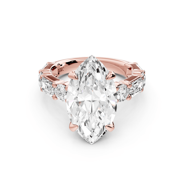 Juliette - 5ct 18k rose gold marquise with Alternating Round and Emerald 8 - Stone Band Engagement Ring - Mr. Alex Jewelry