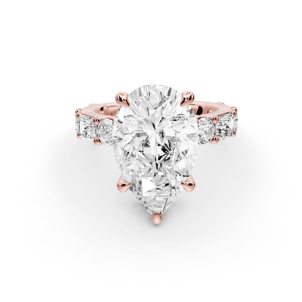 Juliette - 5ct 18k rose gold pear with Alternating Round and Emerald 8 - Stone Band Engagement Ring - Mr. Alex Jewelry
