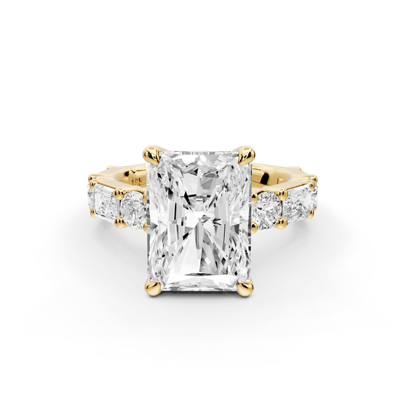 Juliette - 5ct 18k yellow gold radiant with Alternating Round and Emerald 8 - Stone Band Engagement Ring - Mr. Alex Jewelry
