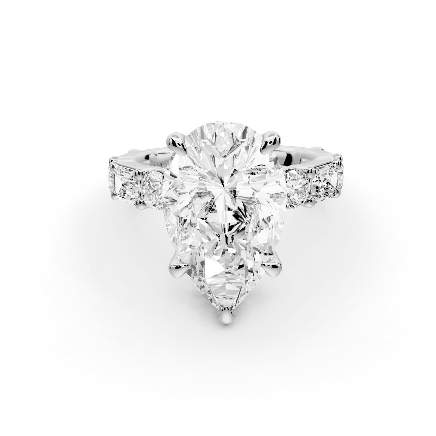 Juliette - 5ct platinum pear with Alternating Round and Emerald 8 - Stone Band Engagement Ring - Mr. Alex Jewelry