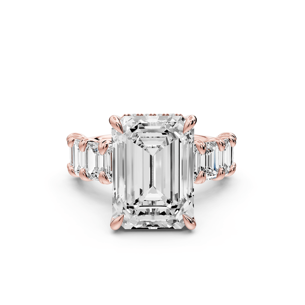 Kendall - 7ct 18k rose gold Emerald Hidden Halo Engagement Ring with Graduated Prong-Set Side Stones - Mr. Alex Jewelry