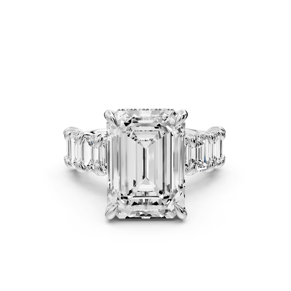 Kendall - 7ct 18k white gold Emerald Hidden Halo Engagement Ring with Graduated Prong-Set Side Stones - Mr. Alex Jewelry