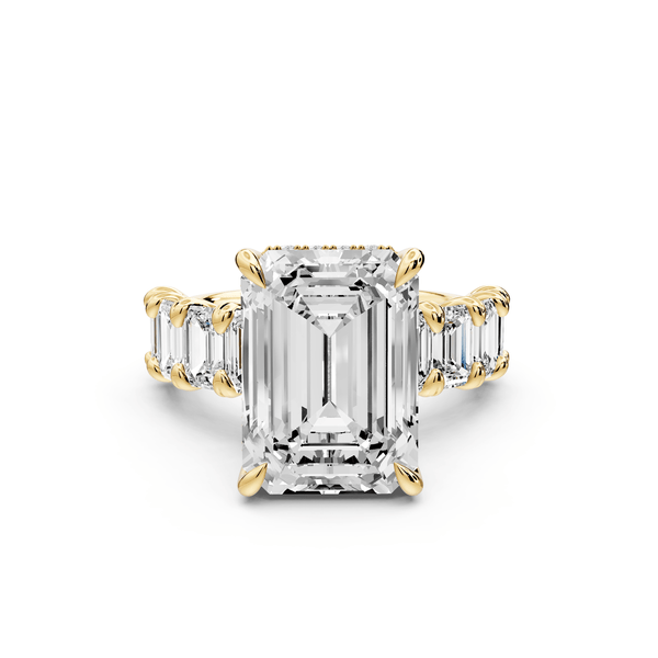 Kendall - 7ct 18k yellow gold Emerald Hidden Halo Engagement Ring with Graduated Prong-Set Side Stones - Mr. Alex Jewelry