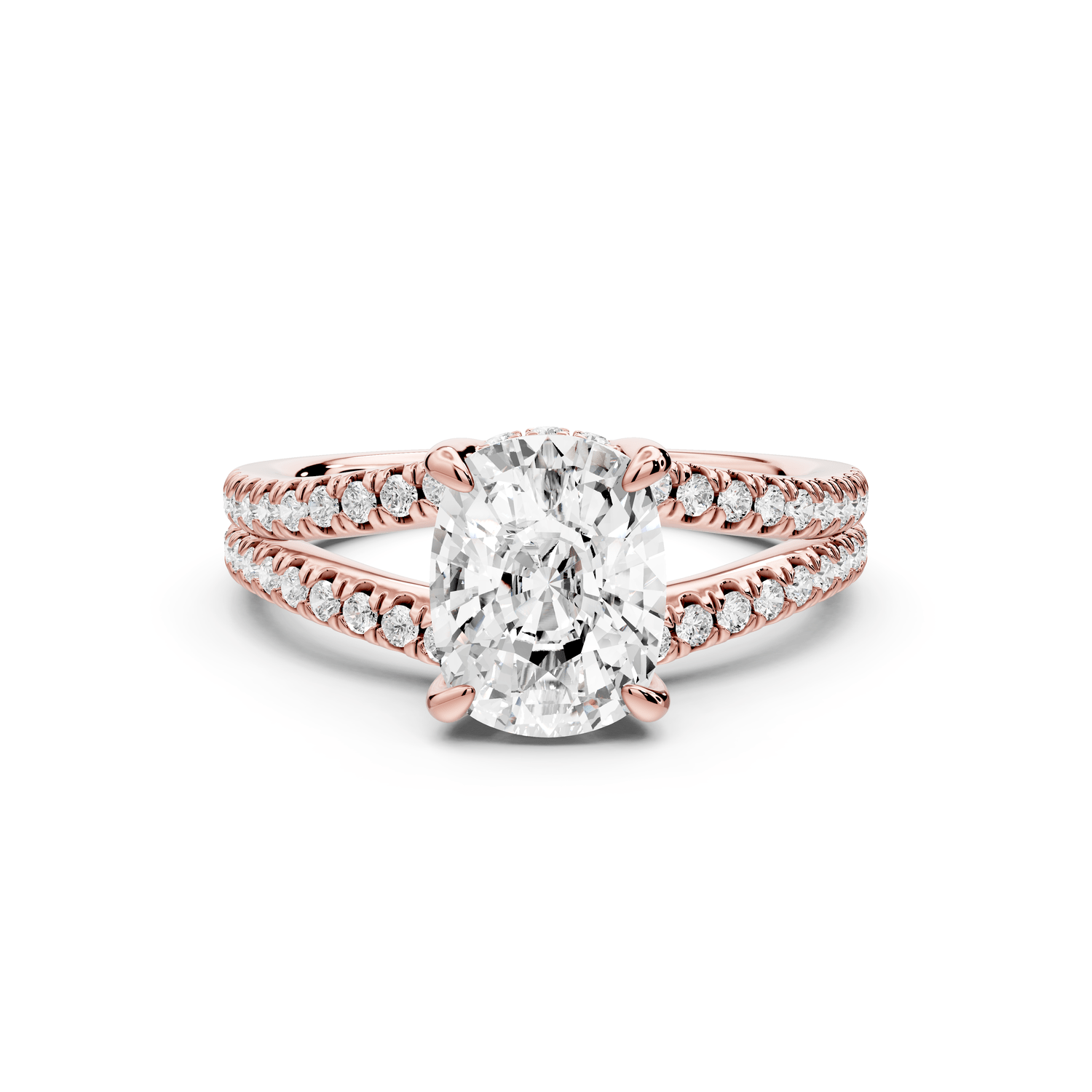 Liora - 2ct 14k rose gold ecushion Hidden Halo Micro Pavé Split Shank Engagement Ring - Mr. Alex Jewelry