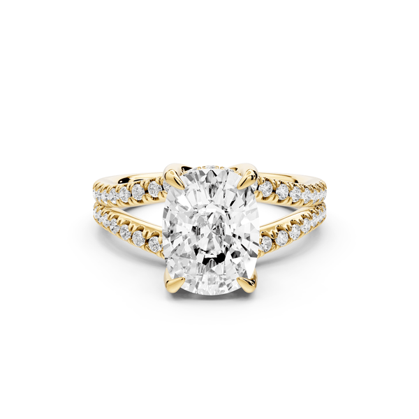 Liora - 3ct 14k yellow gold ecushion Hidden Halo Micro Pavé Split Shank Engagement Ring - Mr. Alex Jewelry