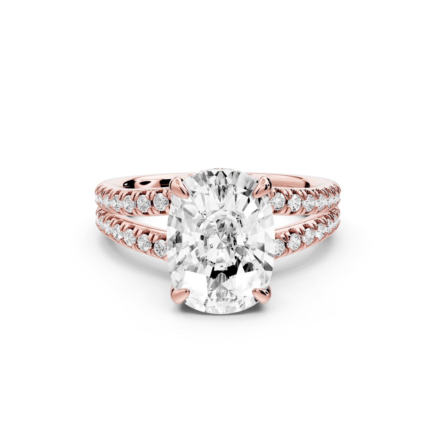 Liora - 4ct 18k rose gold ecushion Hidden Halo Micro Pavé Split Shank Engagement Ring - Mr. Alex Jewelry