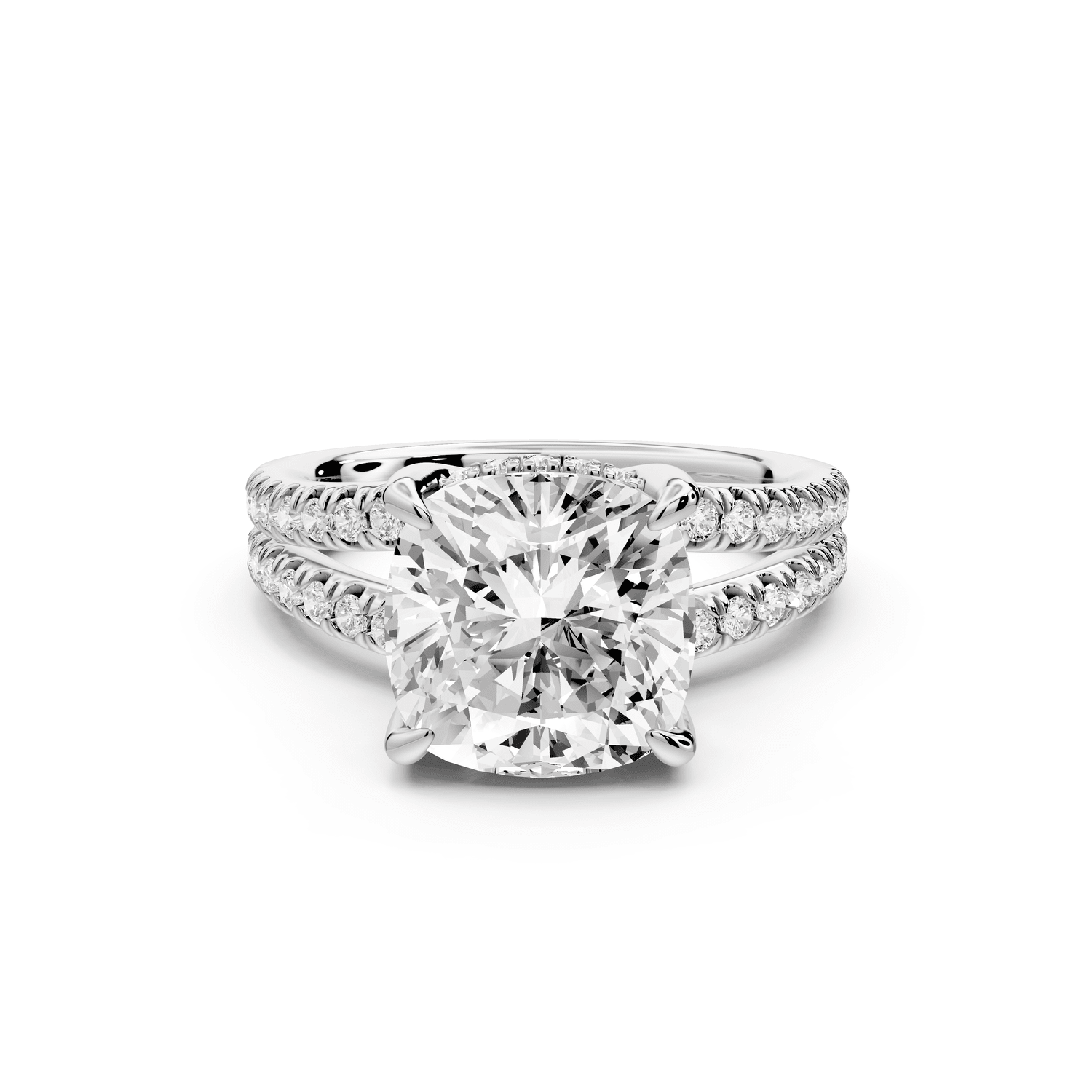 Liora - 4ct 18k white gold cushion Hidden Halo Micro Pavé Split Shank Engagement Ring - Mr. Alex Jewelry