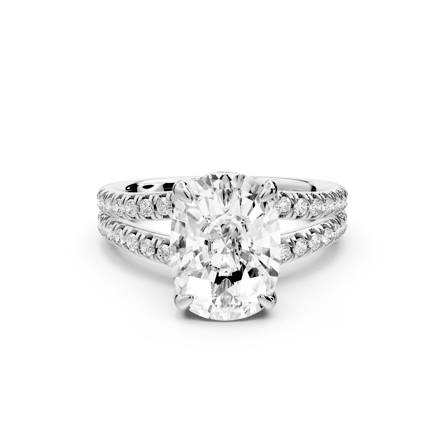 Liora - 4ct platinum ecushion Hidden Halo Micro Pavé Split Shank Engagement Ring - Mr. Alex Jewelry