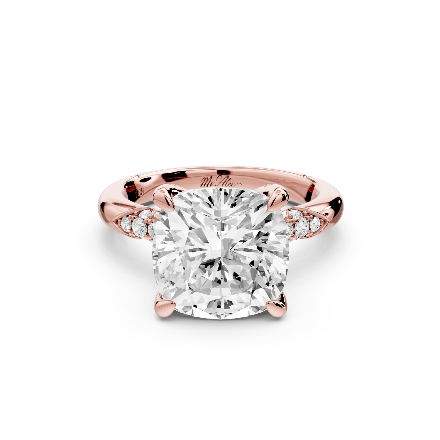 Luna - 5ct 14k rose gold cushion Diamond Crown with Flush - Set Diamond Clusters Engagement Ring - Mr. Alex Jewelry