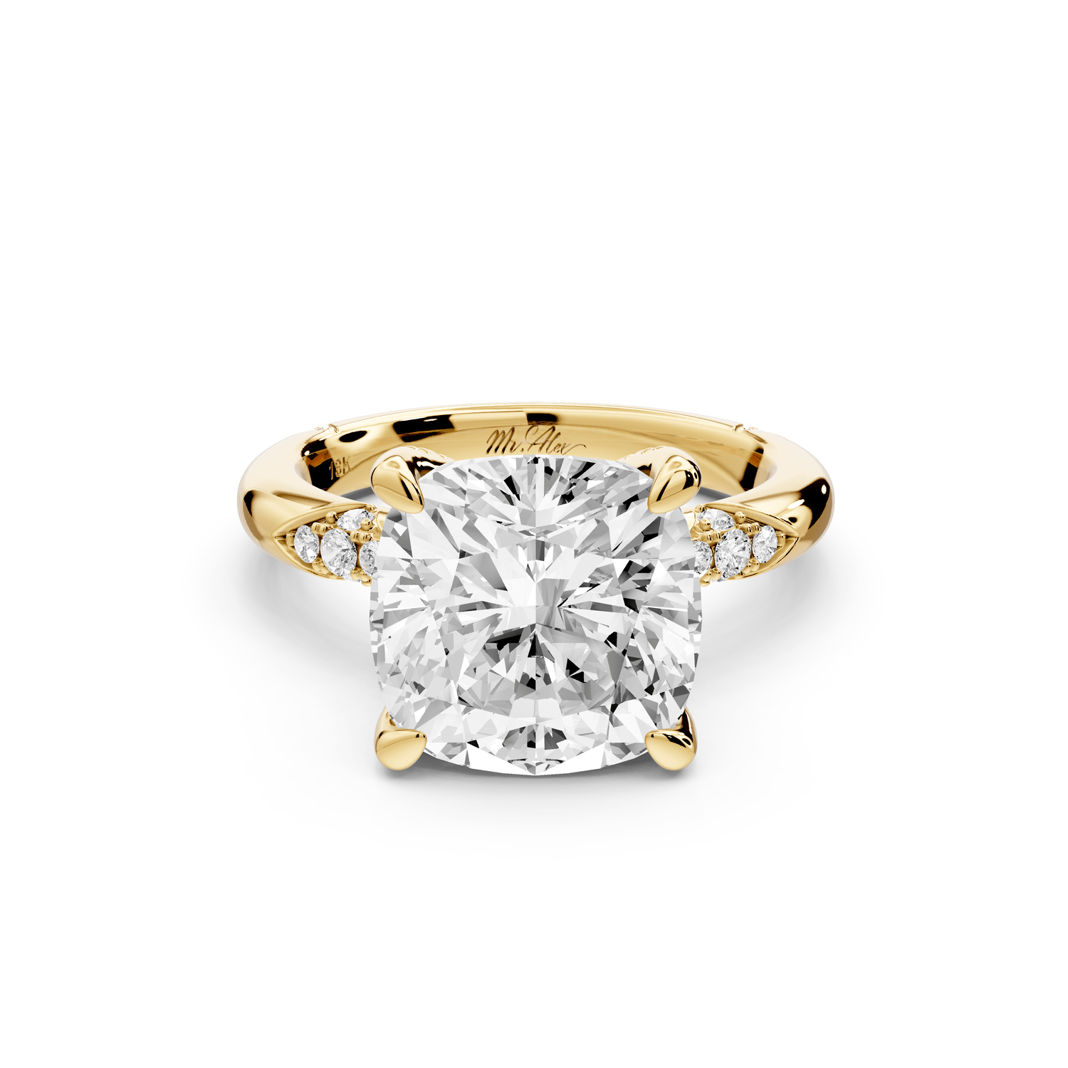 Luna - 5ct 18k yellow gold cushion Diamond Crown with Flush - Set Diamond Clusters Engagement Ring - Mr. Alex Jewelry