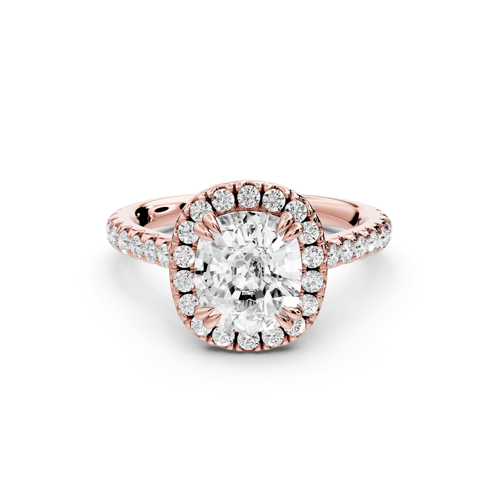 Marcella - 2ct 14k rose gold ecushion halo double talon prong cathedral pavé engagement ring - Mr. Alex Jewelry
