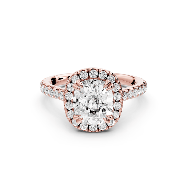 Marcella - 2ct 14k rose gold ecushion halo double talon prong cathedral pavé engagement ring - Mr. Alex Jewelry
