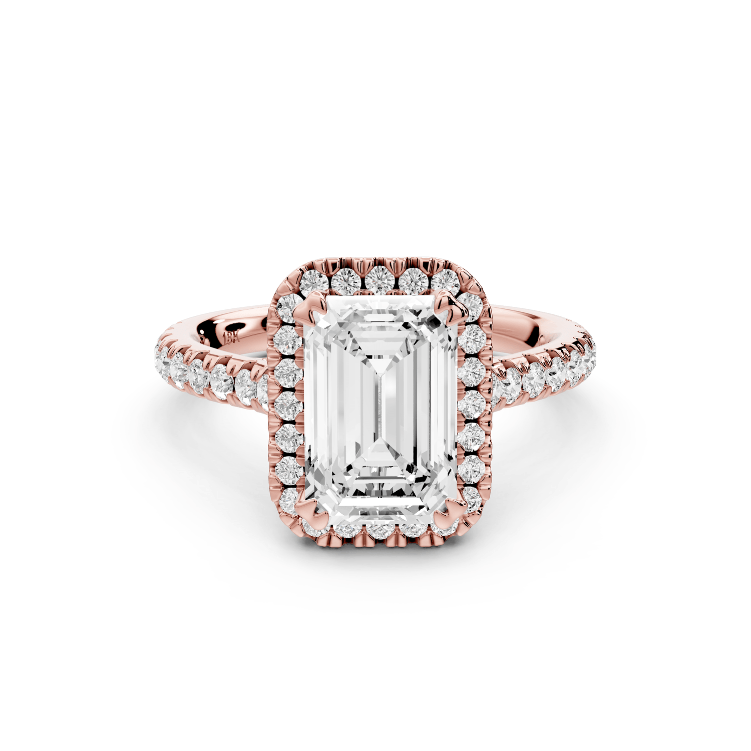 Marcella - 2ct 14k rose gold emerald halo double talon prong cathedral pavé engagament ring - Mr. Alex Jewelry