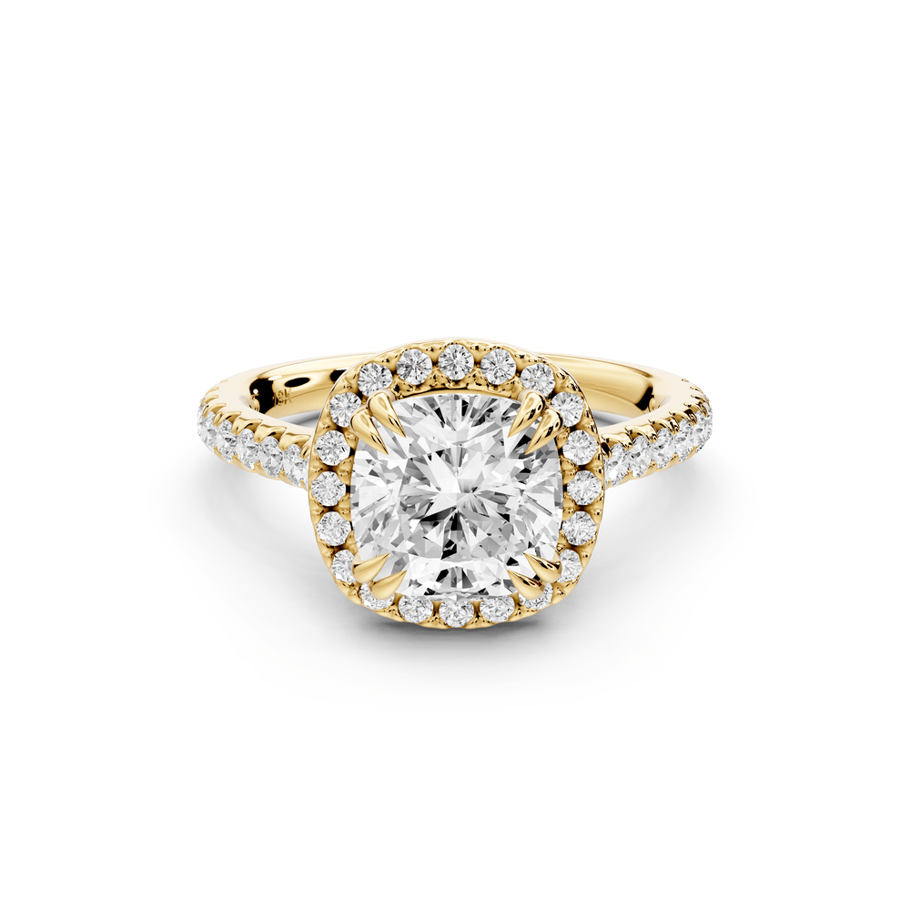 Marcella - 2ct 14k yellow gold cushion halo double talon prong cathedral pavé engagement ring - Mr. Alex Jewelry