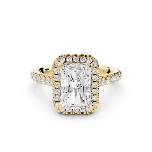 Marcella - 2ct 14k yellow gold radiant halo double talon prong cathedral pavé engagement ring - Mr. Alex Jewelry