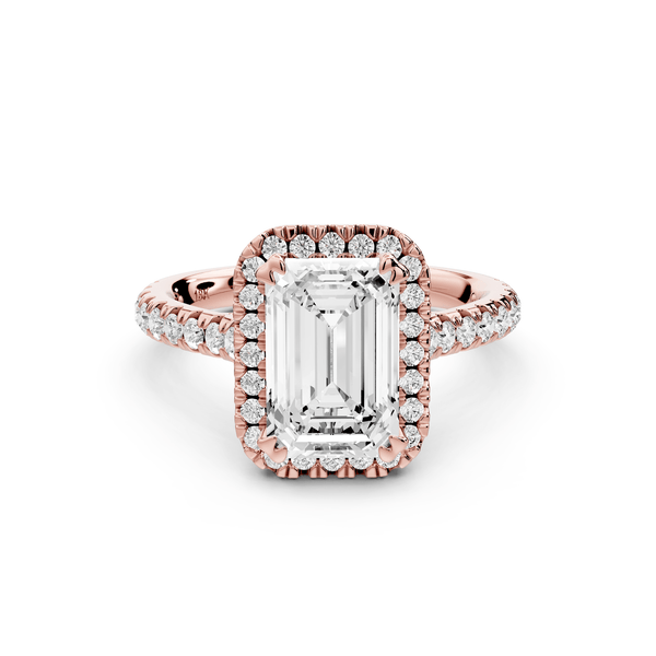 Marcella - 2ct 18k rose gold emerald halo double talon prong cathedral pavé engagament ring - Mr. Alex Jewelry