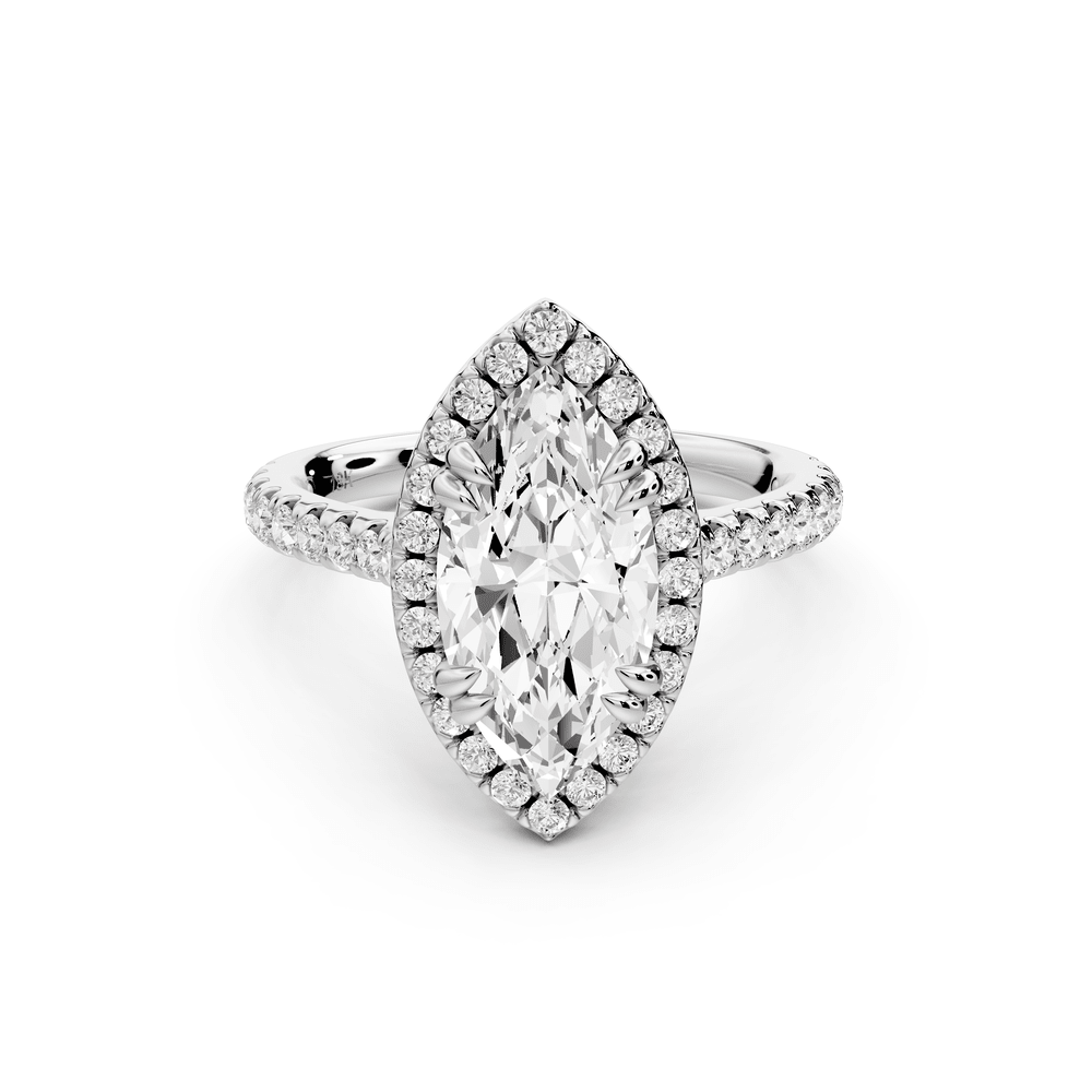 Marcella - 2ct 18k white gold marquise halo double talon prong cathedral pavé engagement ring - Mr. Alex Jewelry