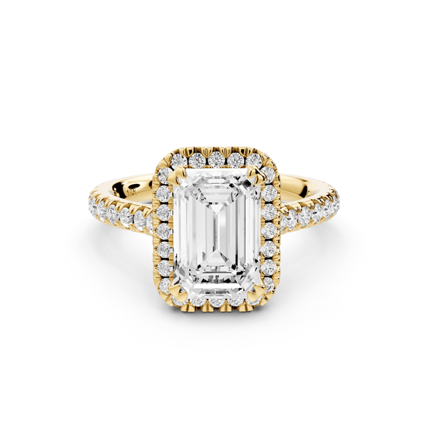 Marcella - 2ct 18k yellow gold emerald halo double talon prong cathedral pavé engagament ring - Mr. Alex Jewelry