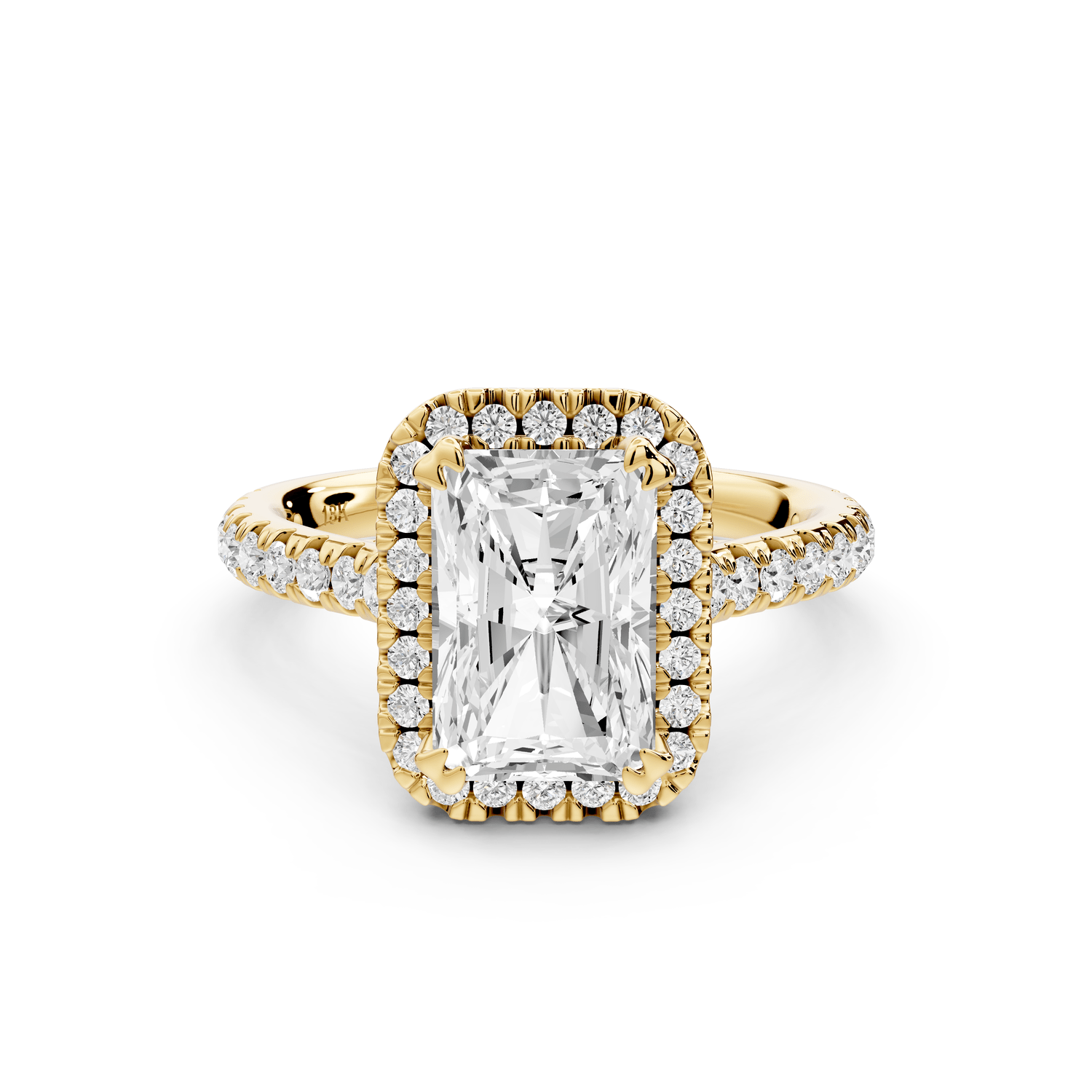 Marcella - 2ct 18k yellow gold radiant halo double talon prong cathedral pavé engagement ring - Mr. Alex Jewelry