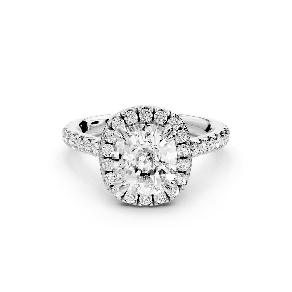 Marcella - 2ct platinum ecushion halo double talon prong cathedral pavé engagement ring - Mr. Alex Jewelry