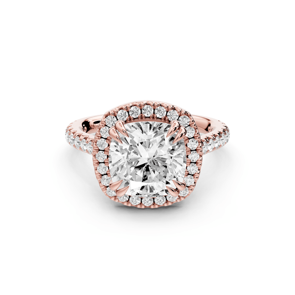 Marcella - 3ct 14k rose gold cushion halo double talon prong cathedral pavé engagement ring - Mr. Alex Jewelry