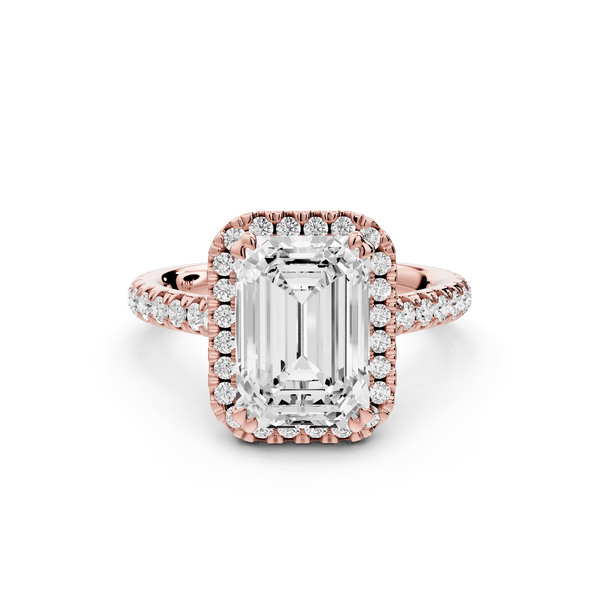 Marcella - 3ct 14k rose gold emerald halo double talon prong cathedral pavé engagament ring - Mr. Alex Jewelry