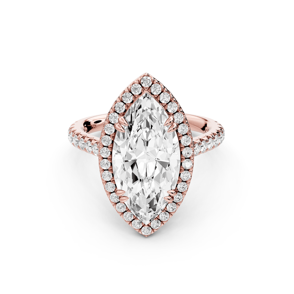 Marcella - 3ct 14k rose gold marquise halo double talon prong cathedral pavé engagement ring - Mr. Alex Jewelry
