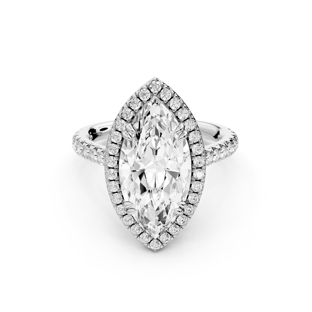Marcella - 3ct 14k white gold marquise halo double talon prong cathedral pavé engagement ring - Mr. Alex Jewelry