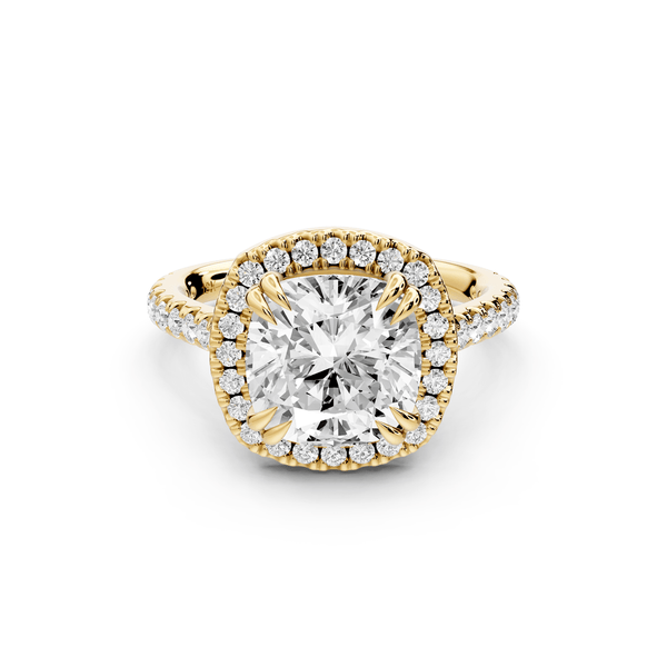 Marcella - 3ct 14k yellow gold cushion halo double talon prong cathedral pavé engagement ring - Mr. Alex Jewelry