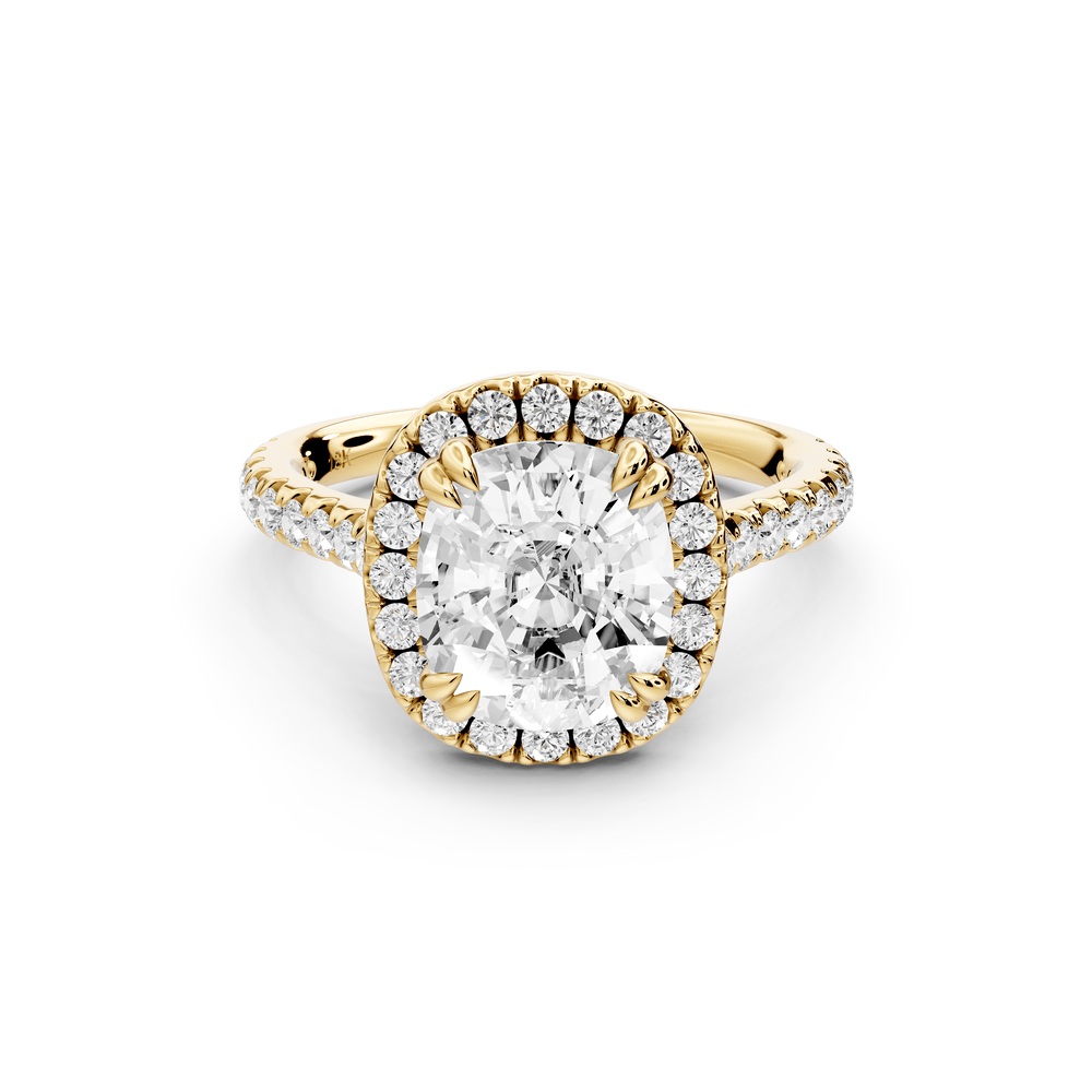 Marcella - 3ct 14k yellow gold ecushion halo double talon prong cathedral pavé engagement ring - Mr. Alex Jewelry