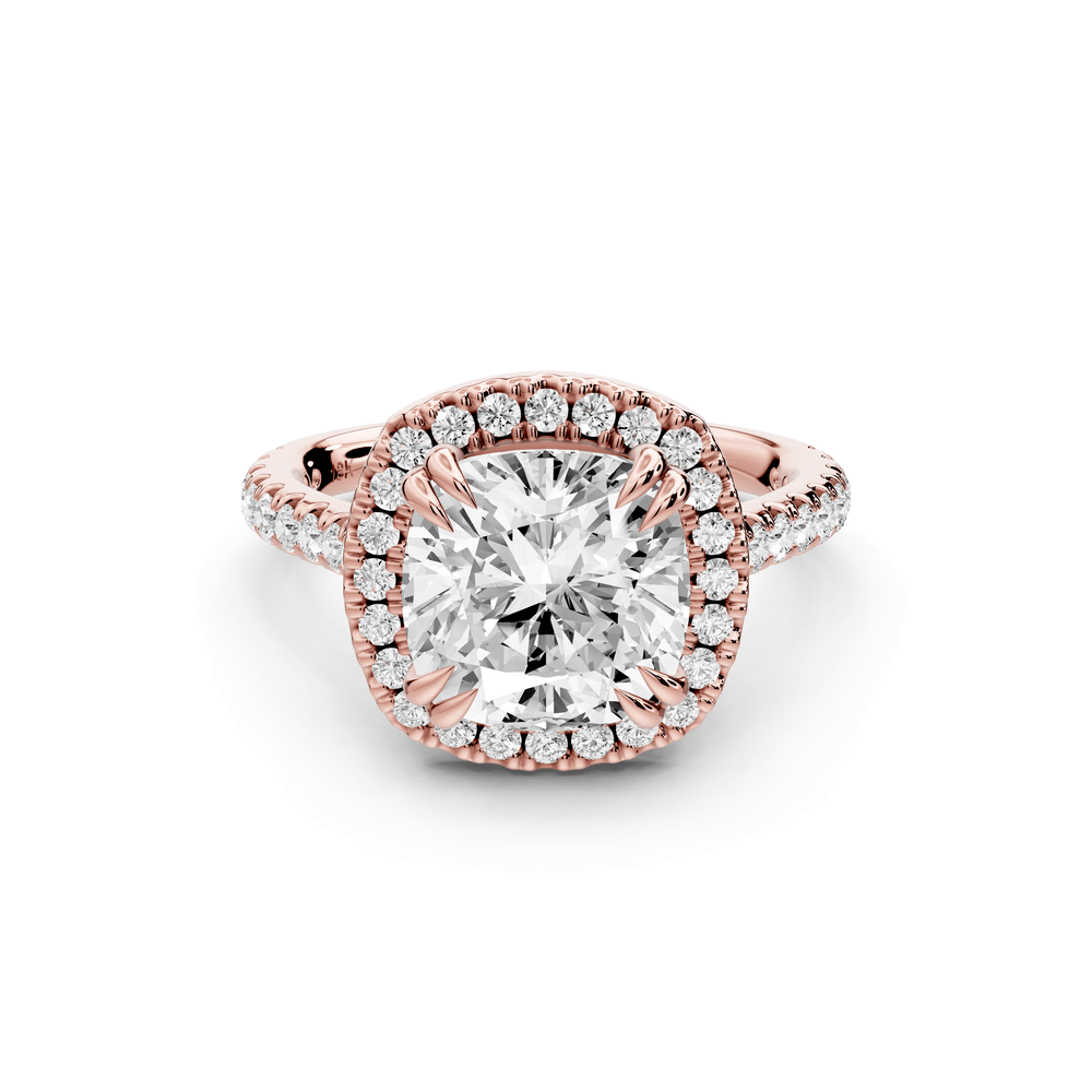 Marcella - 3ct 18k rose gold cushion halo double talon prong cathedral pavé engagement ring - Mr. Alex Jewelry