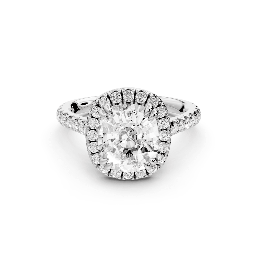 Marcella - 3ct 18k white gold ecushion halo double talon prong cathedral pavé engagement ring - Mr. Alex Jewelry
