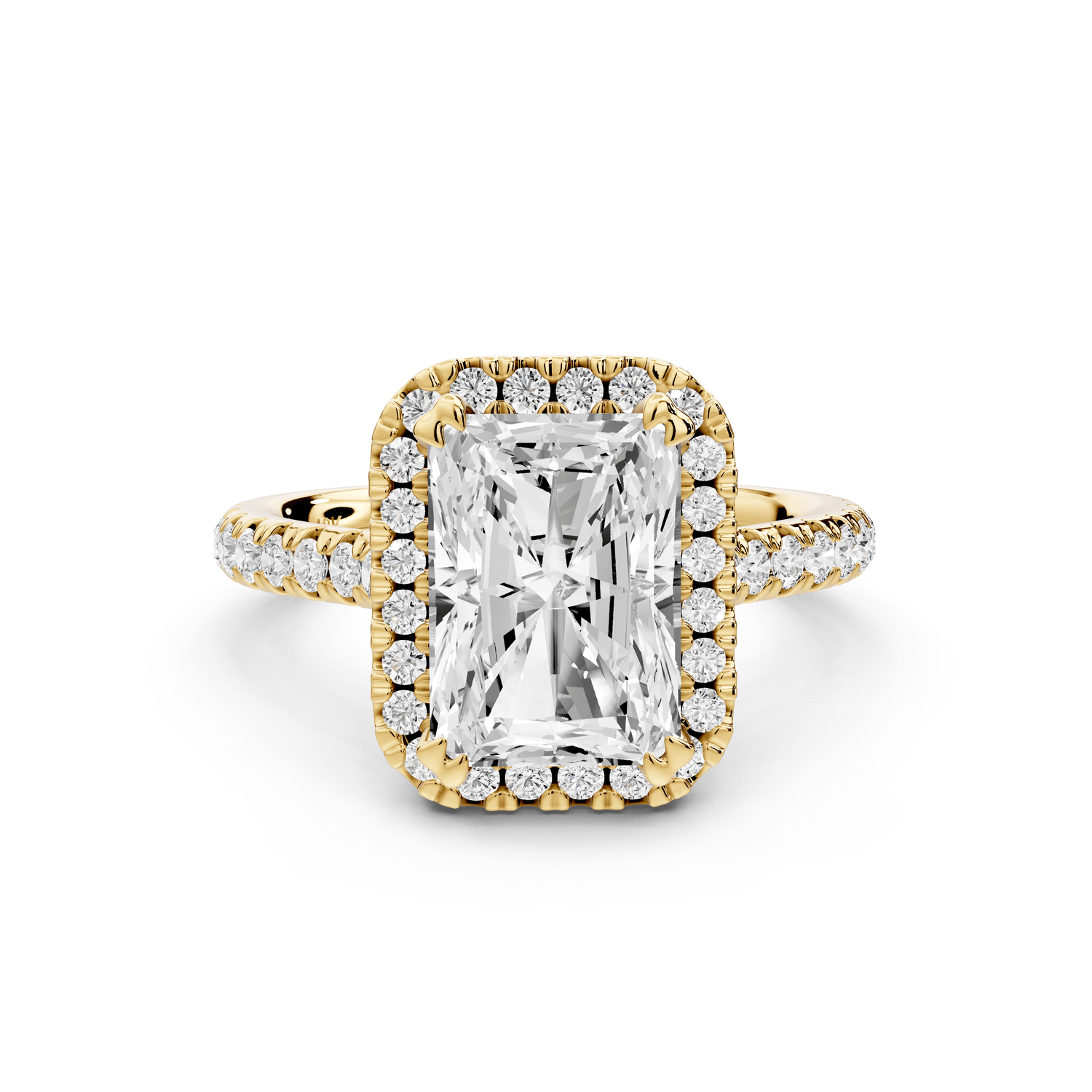 Marcella - 3ct 18k yellow gold radiant halo double talon prong cathedral pavé engagement ring - Mr. Alex Jewelry