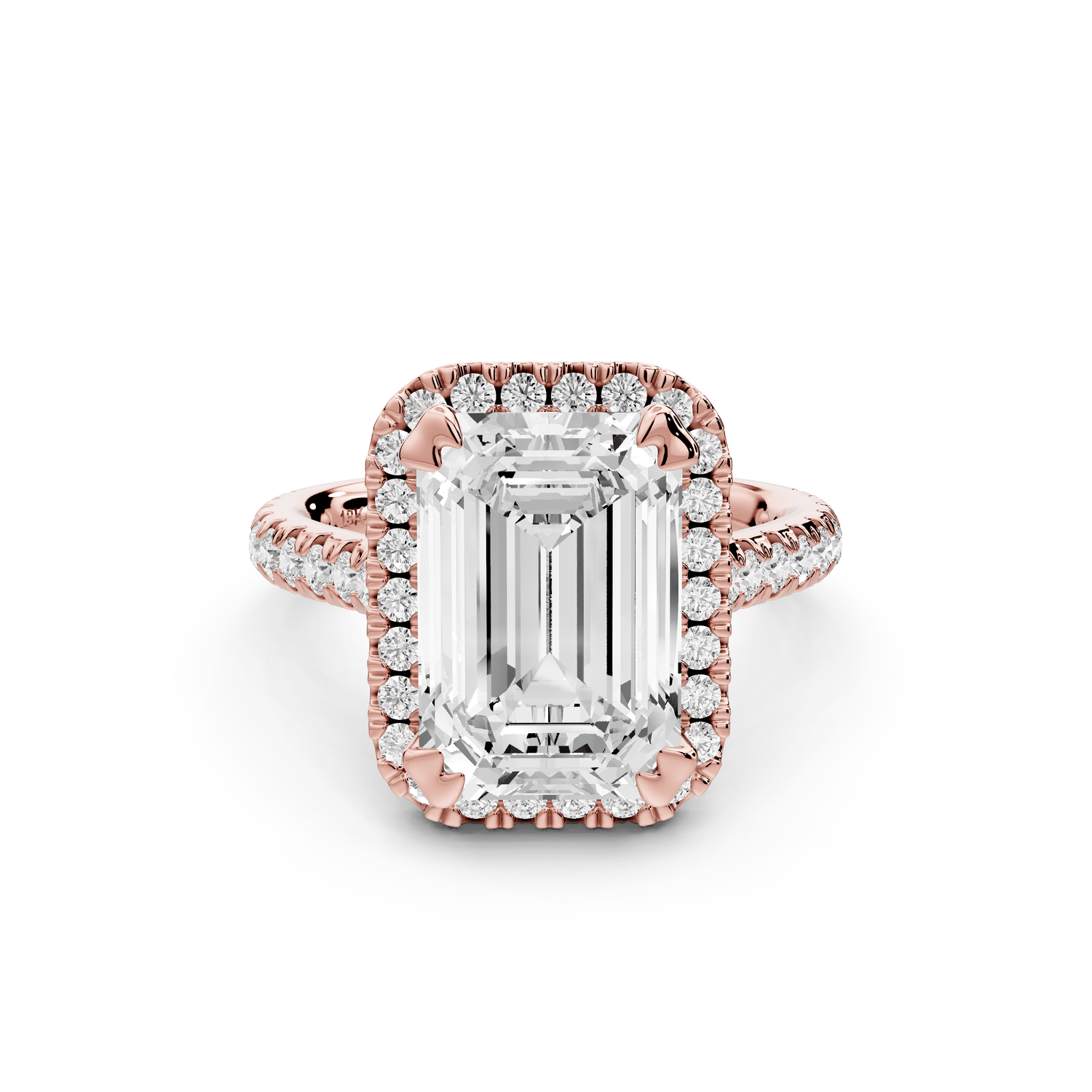 Marcella - 4ct 14k rose gold emerald halo double talon prong cathedral pavé engagament ring - Mr. Alex Jewelry
