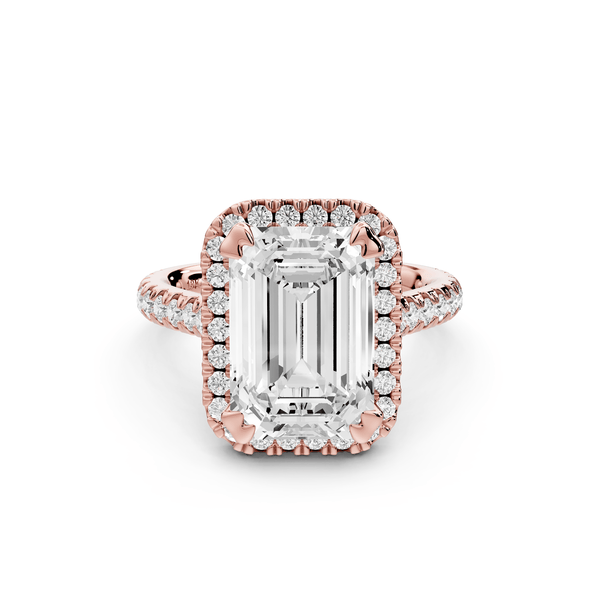 Marcella - 4ct 14k rose gold emerald halo double talon prong cathedral pavé engagament ring - Mr. Alex Jewelry