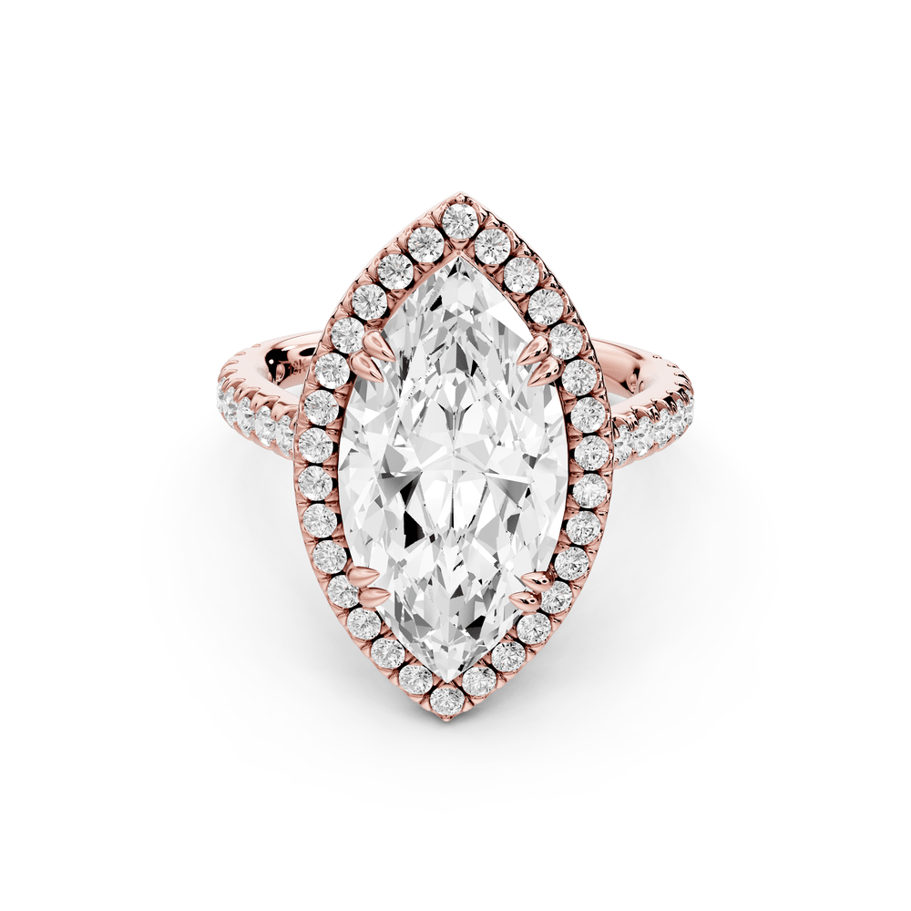 Marcella - 4ct 14k rose gold marquise halo double talon prong cathedral pavé engagement ring - Mr. Alex Jewelry