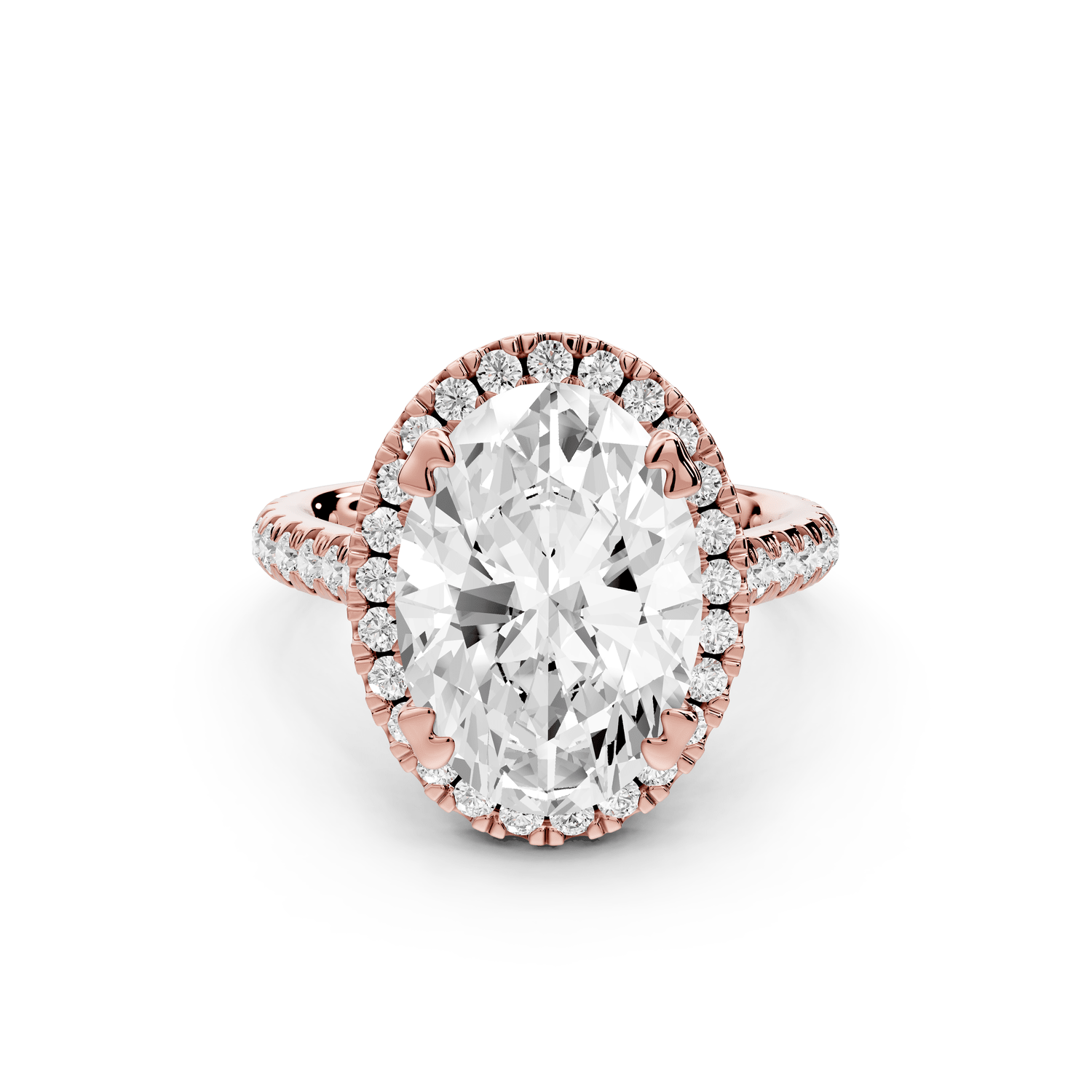 Marcella - 4ct 14k rose gold oval halo double talon prong cathedral pavé engagament ring - Mr. Alex Jewelry