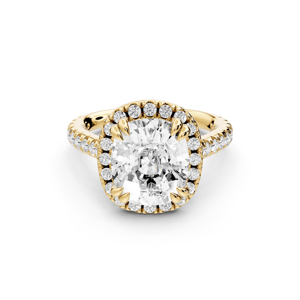 Marcella - 4ct 14k yellow gold ecushion halo double talon prong cathedral pavé engagement ring - Mr. Alex Jewelry