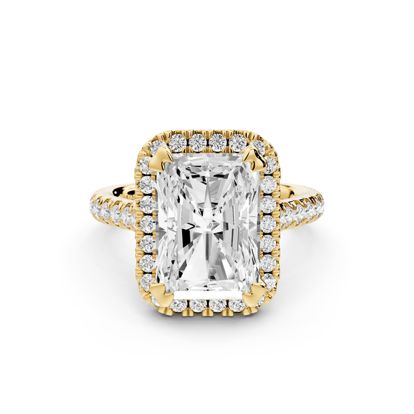 Marcella - 4ct 14k yellow gold radiant halo double talon prong cathedral pavé engagement ring - Mr. Alex Jewelry