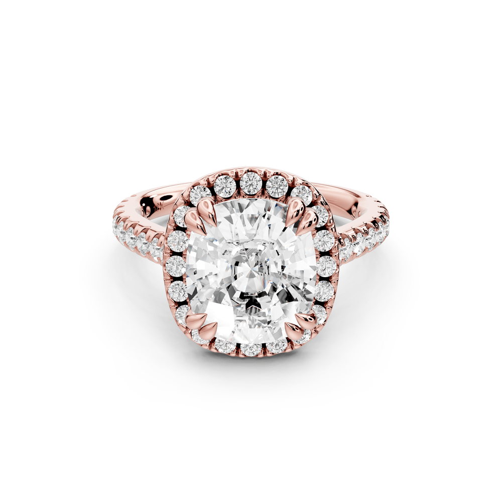 Marcella - 4ct 18k rose gold ecushion halo double talon prong cathedral pavé engagement ring - Mr. Alex Jewelry