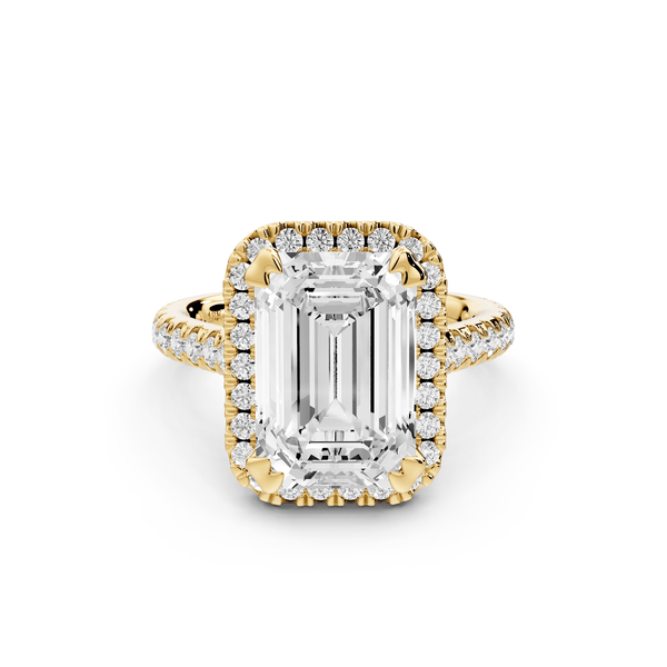 Marcella - 4ct 18k yellow gold emerald halo double talon prong cathedral pavé engagament ring - Mr. Alex Jewelry