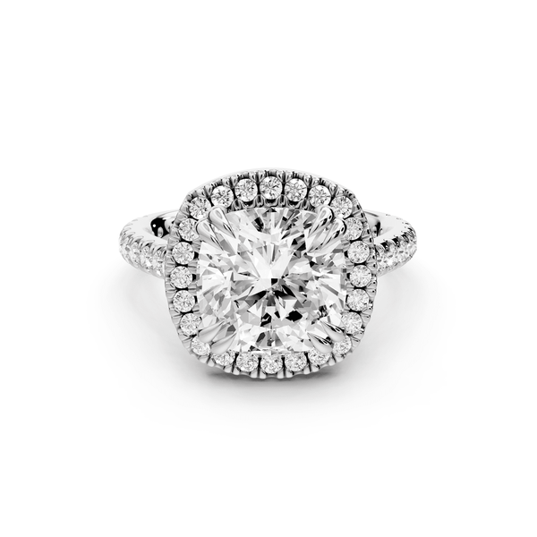 Marcella - 4ct platinum cushion halo double talon prong cathedral pavé engagement ring - Mr. Alex Jewelry