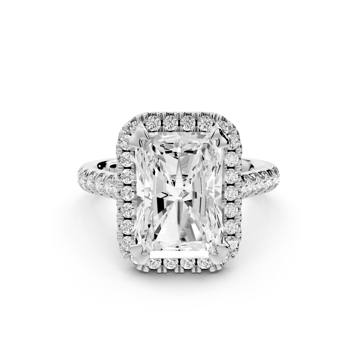 Marcella - 4ct platinum radiant halo double talon prong cathedral pavé engagement ring - Mr. Alex Jewelry