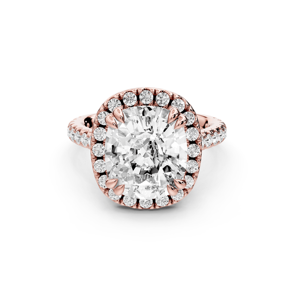 Marcella - 5ct 14k rose gold ecushion halo double talon prong cathedral pavé engagement ring - Mr. Alex Jewelry
