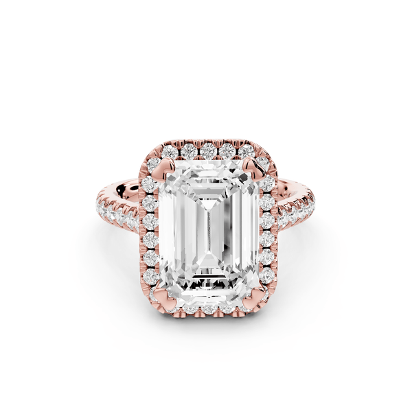 Marcella - 5ct 14k rose gold emerald halo double talon prong cathedral pavé engagament ring - Mr. Alex Jewelry